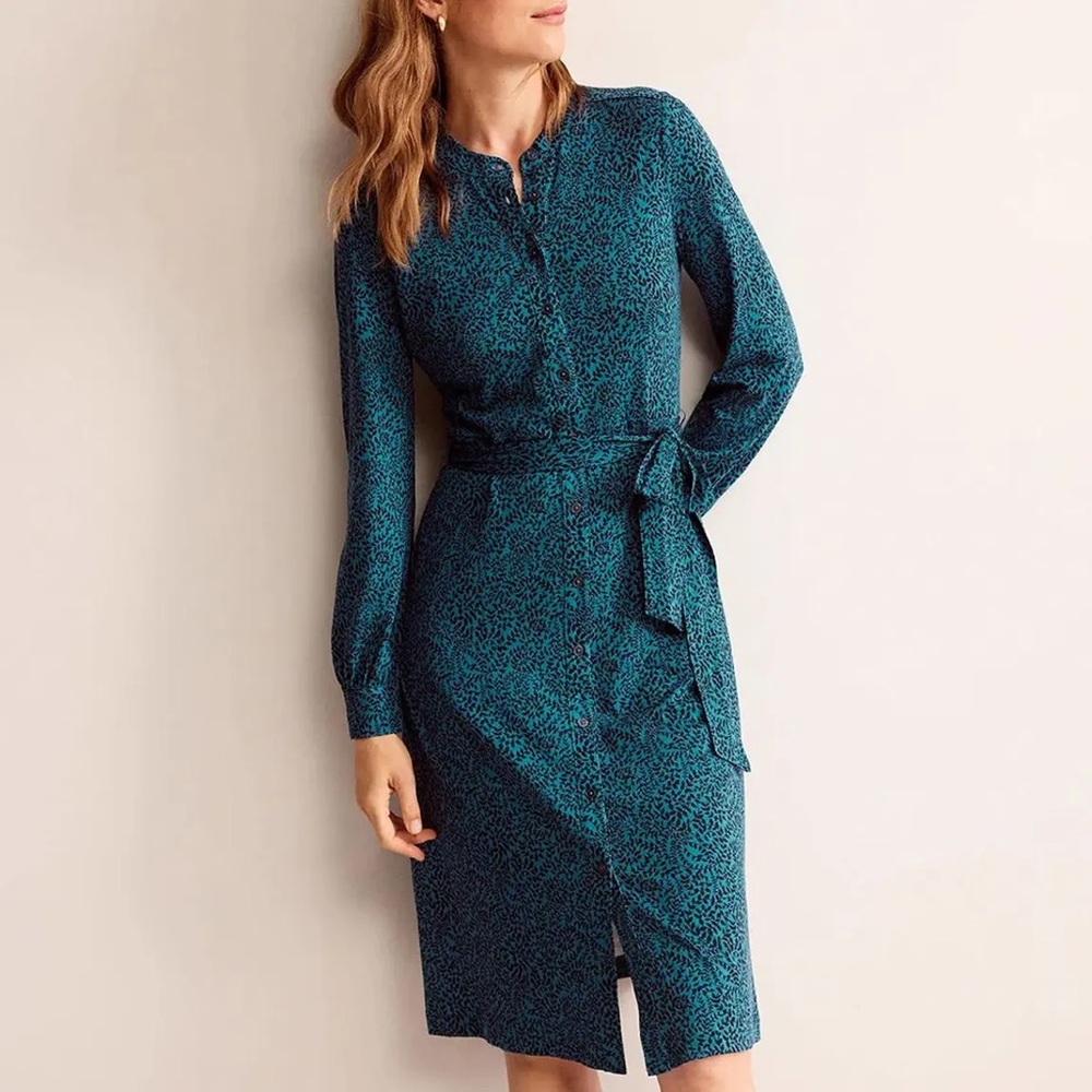Boden Teal Printed Long-Sleeve Midi Dress